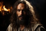 Serene Portrait of Jesus with Flaming Fire Background