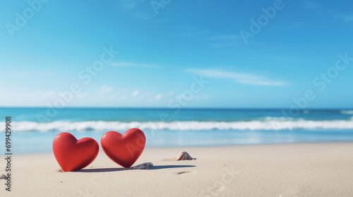 Seaside Serenade: Red Hearts Together on Sandy Beach 
