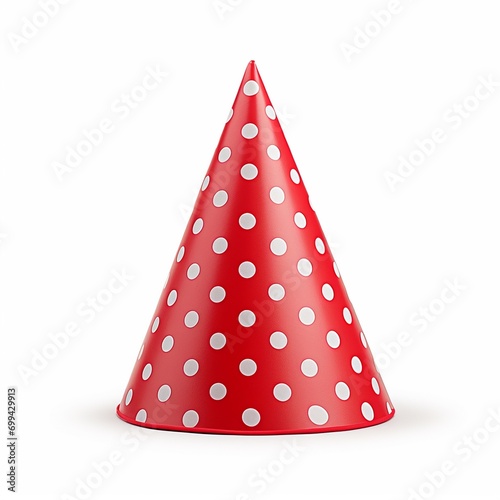 Bright party hat with white polka dots isolated on white. Festive accessory