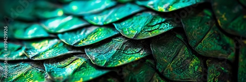 Texture of green forest dragon or mermaid scales close up, shiny crystal green blue metallic gorgeous colorful fantasy scales backgrounds. photo