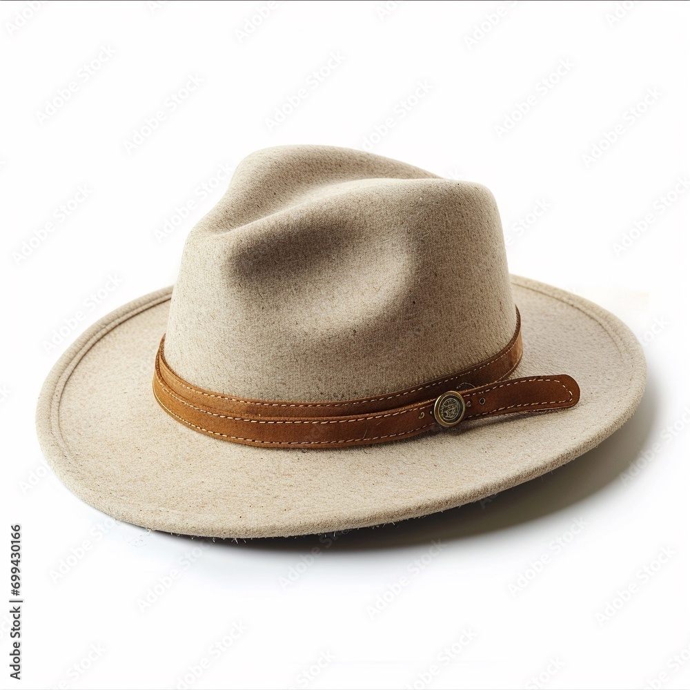 Beige trilby fedora hat isolated on white background, wool felt modern hat decorated with leather stripes isolated on white, fashion design accessory.