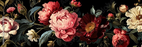 Vintage bouquet of beautiful flowers on black. Floral background. Baroque old fashion style. Natural pattern wallpaper or greeting card, extra wide.