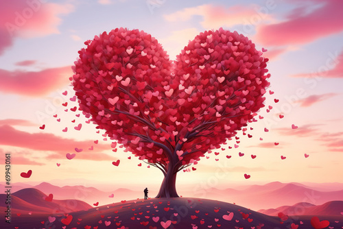 Red Heart Shape Love Tree in Countryside Landscapes with Blue Sky Background. Illustration for Valentine's Day, Birthday, Mother's Day, Friendship, Wedding, Marriage Day. Banner or Poster