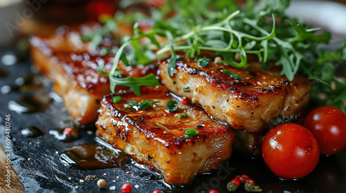 Grilled pork belly on black table with background