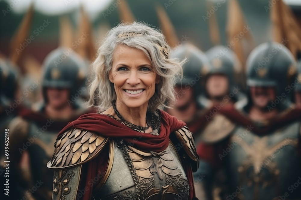 Portrait of a happy senior woman in armor at the medieval festival