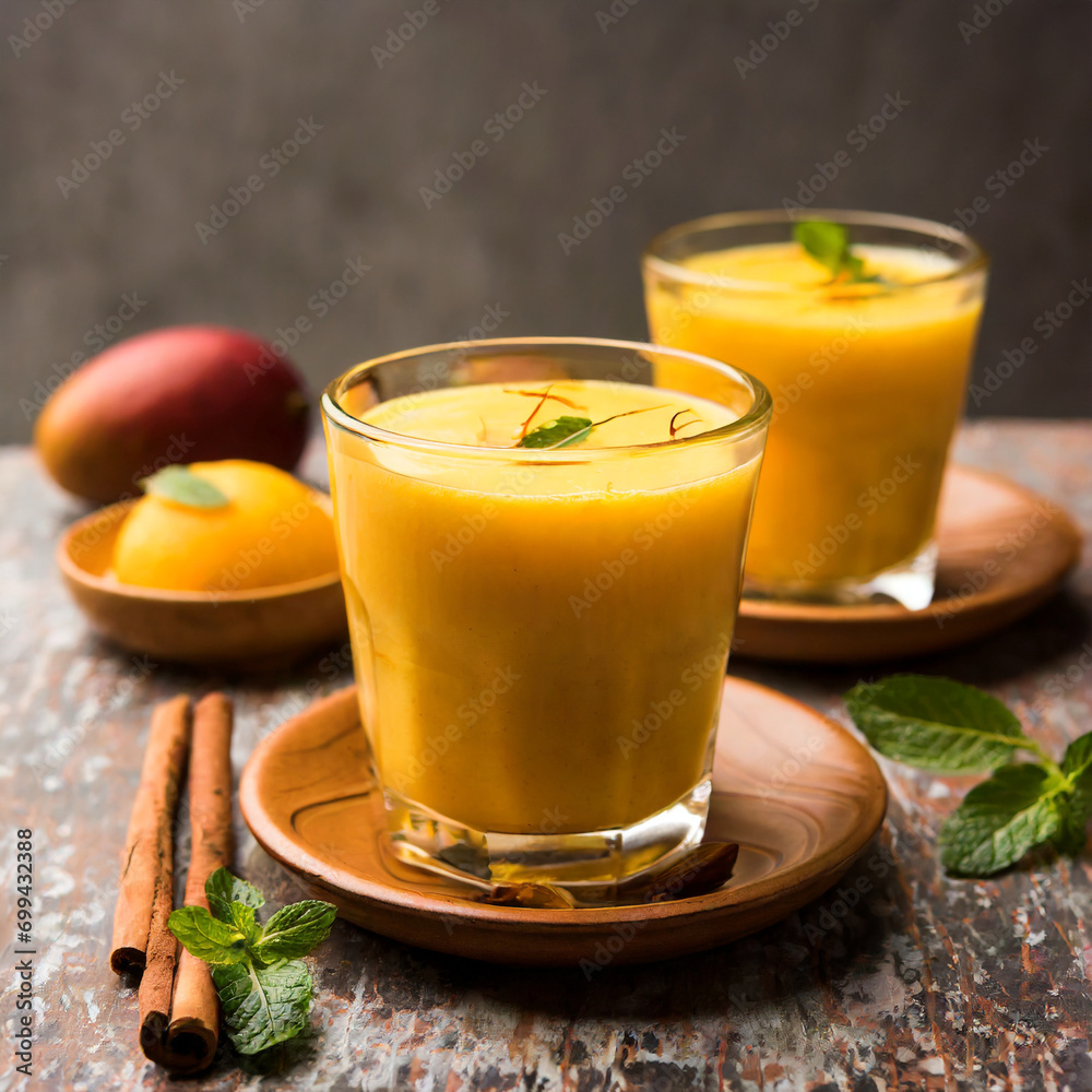 Mango Lassi or yogurt, Indian popular summer drink served in glass with whole Alphonso Aam fruit Mango Lassi or yogurt, Indian popular summer drink served in glass with whole Alphonso Aam fruit