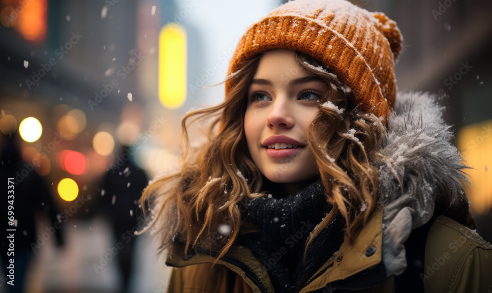 Young Woman in Winter Attire Enjoying Snowfall in the Bustling City Streets