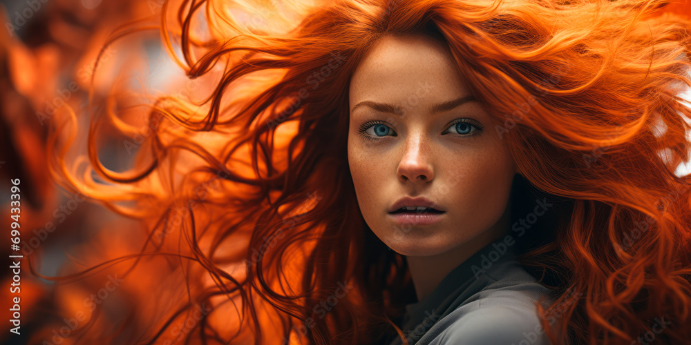 Ethereal Woman with Flowing Fiery Red Hair Enveloping Her in a Whirl of Color and Movement Ethereal Woman with Flowing Fiery Red Hair Enveloping Her in a Whirl of Color and Movement