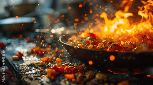 Freeze Motion of Wok Pan with Flying Ingredients in the Air and Fire Flames