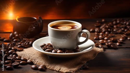Espresso Coffee Cup With Beans on desk wooden
