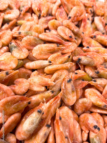 Shrimp on the counter in the market as a background