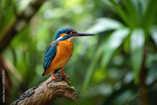 The Guam Kingfisher perching on a weathered branch in a tropical forest