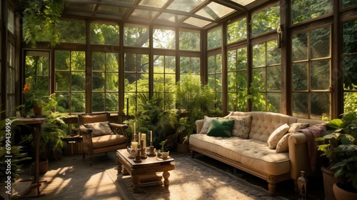 a conservatory, with abundant greenery, sunlight filtering through glass windows, and cozy seating, transforming the room into a sanctuary where nature and relaxation coexist in perfect harmony.