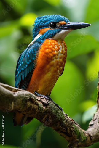 The Guam Kingfisher perching on a weathered branch in a tropical forest photo