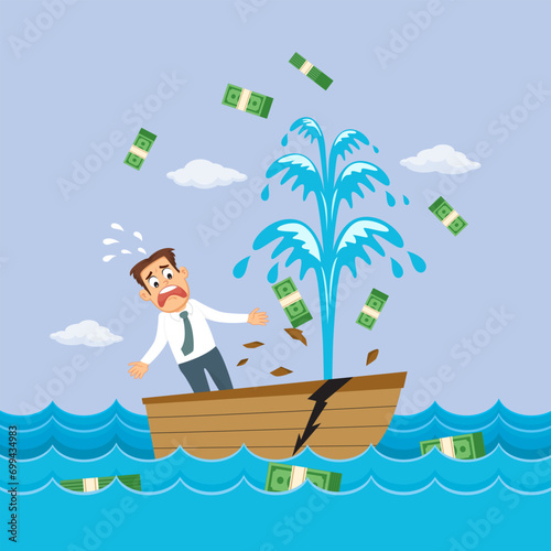 Businessman in a sinking boat with lost money. illustration vector cartoon.