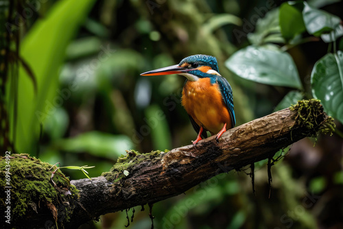 The Guam Kingfisher perching on a weathered branch in a tropical forest photo