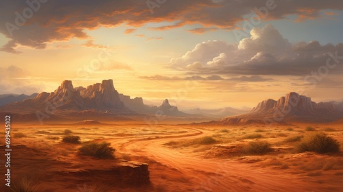 a desolate desert, where rugged mountains rise amidst the arid land, casting dramatic shadows in the fading light of the day, portraying the harsh yet captivating allure of the wilderness.