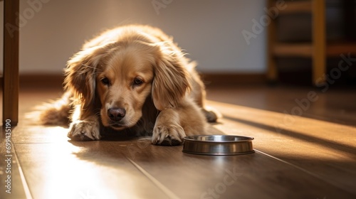 A dog eats dog food from his bowl in a bright kitchen. Feeding a purebred pet with dry food. Pet care and care  healthy food.