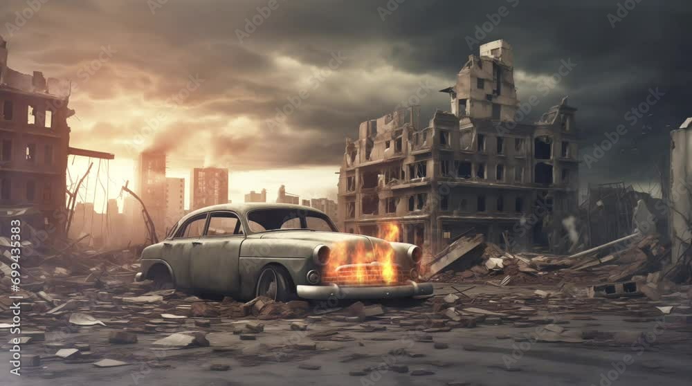 broken car in ruined city after war looping video animation background illustration broken car in ruined city after war looping video animation background illustration
