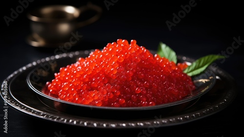 Red caviar in a dark plate on the table in a restaurant. Gourmet cuisine, restaurant appetizer.