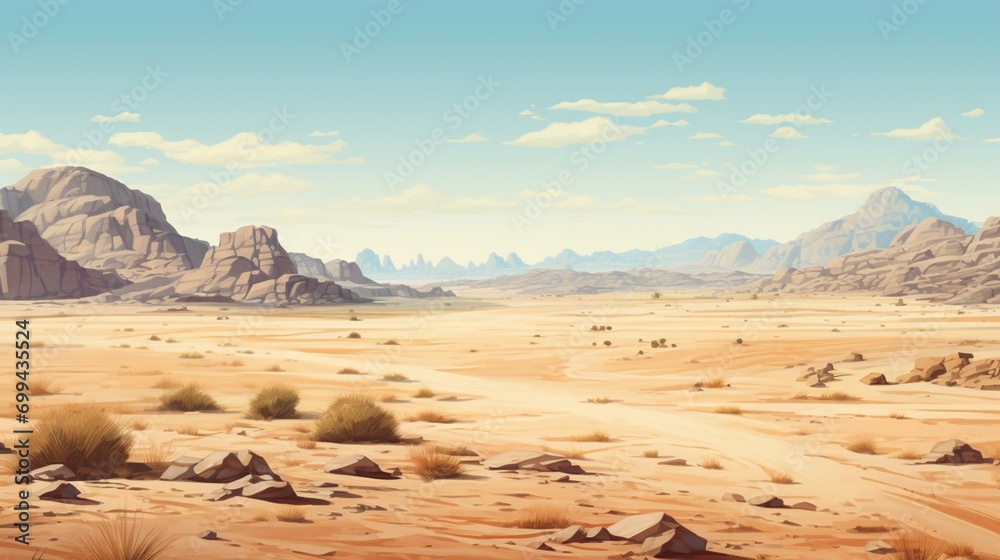 a dry desert under the vast, cloudless sky, with muted hues of sand and rock creating a minimalist yet awe-inspiring composition, illustrating the stark beauty of an arid wilderness. - obrazy, fototapety, plakaty 