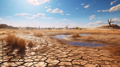 a dry desert landscape, where cracked earth and sparse vegetation tell tales of resilience amidst harsh conditions, evoking a sense of arid tranquility.