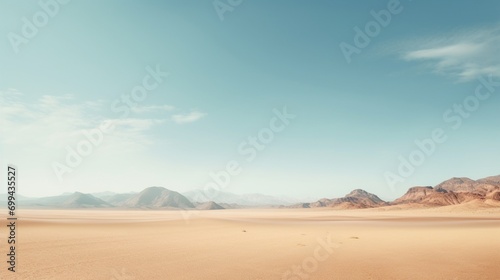 a dry desert under the vast  cloudless sky  with muted hues of sand and rock creating a minimalist yet awe-inspiring composition  illustrating the stark beauty of an arid wilderness.