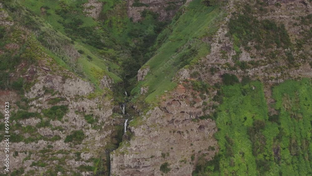 Aerial view of cascata do poco do bacalhau waterfall at Fajã Grande