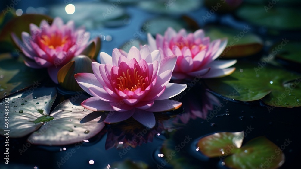Showcase the intricate details of a water lily floating on a pond in stunning