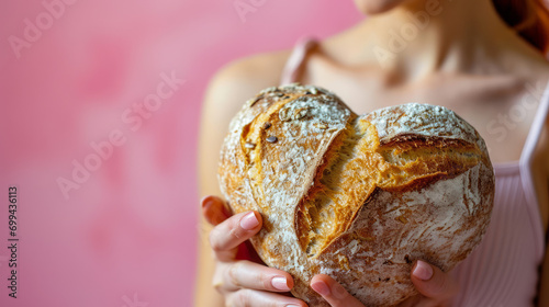 A beautiful woman is holding bakery bread in the shape of a romantic heart. Valentine's Day food concept