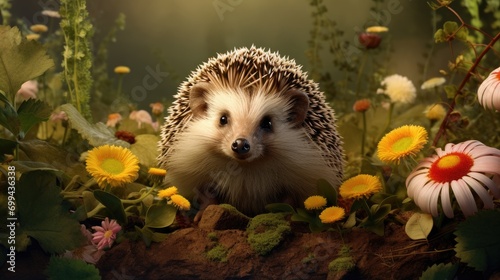 A cute hedgehog in the forest. The hedgehog smiles and looks at the camera. A beautiful children's postcard.