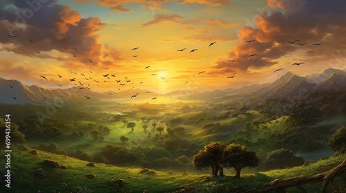 a green field at dawn, with birds awakening to the new day, their chirps filling the air as they take flight, symbolizing the vitality and energy of life in the heart of nature.