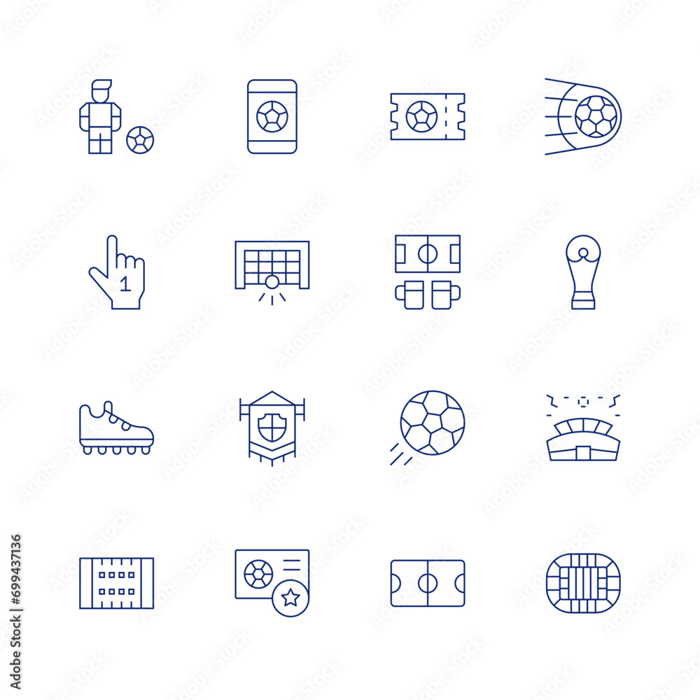 Football line icon set on transparent background with editable stroke. Containing soccer, world cup, number one, stadium, shoe, field, football, football flag, football card, ticket, football field.