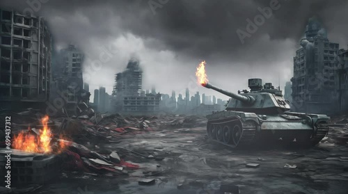 tank in the middle of ruined city warfare looping video animation background illustration photo