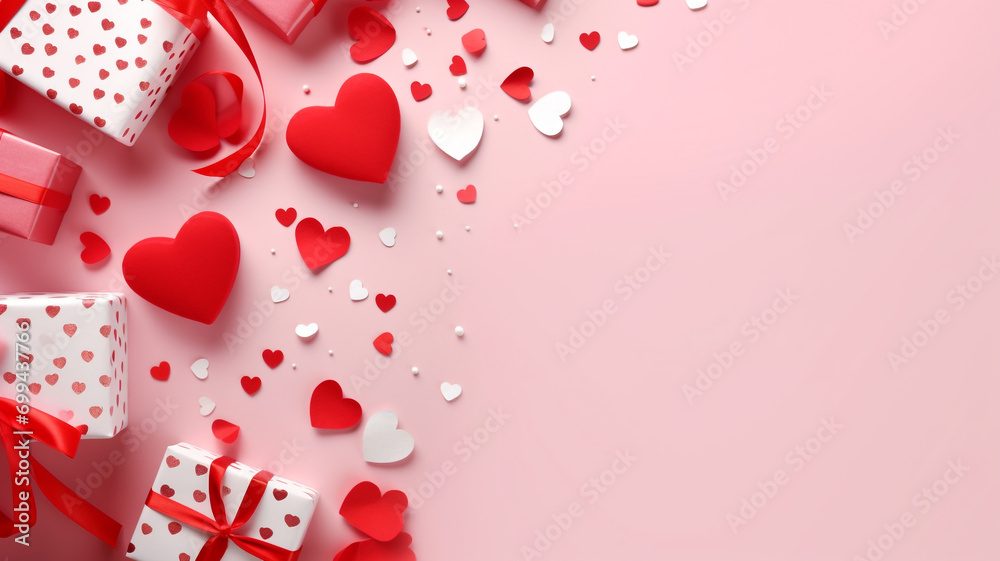 Valentine's day flat lay theme with gift boxes and hearts Valentine's day flat lay theme with gift boxes and hearts
