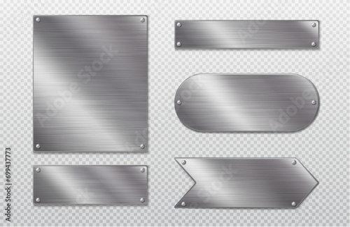Stainless steel tags with blank metal surface isolated on transparent background. Vector realistic illustration of game menu, arrow sign, nameplate ui frames, shiny buttons, glossy blank badges