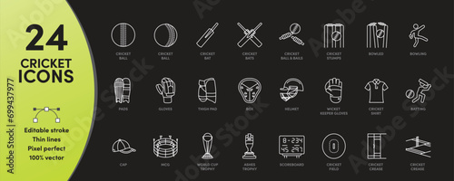 Cricket Icon Set with ditable stroke thickness. Perfect for logos, stats and infographics. Change the thickness of the line in any vector capable app.