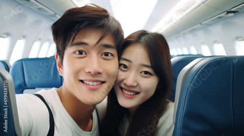 Young handsome asian couple taking selfie on airplane during flight around the world. They are a man and woman, smiling and looking at camera. Travel, happiness and lifestyle concepts. © Olga