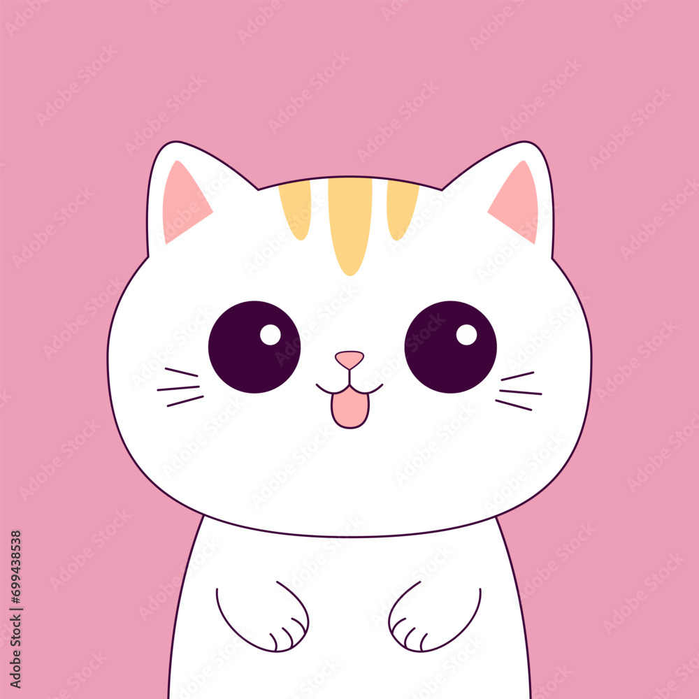 Fototapeta premium Cute cat. White kitten kitty. Happy Valentines Day. Contour line doodle. Funny head face, paws, tongue. Cartoon kawaii animal character. Flat design. Love card. Pink background.