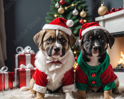 funny and cute puppies in a Santa hat posing against the background of a Christmas atmosphere. Generated AI © ASPmedia