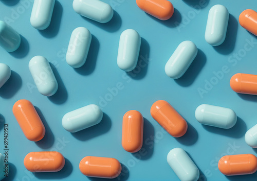 Prescription pills on blue background. medicine concepts