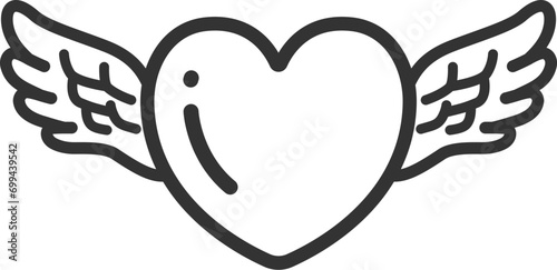 翼のついた、ハートのアイコン（線画）のイラスト