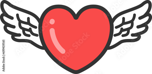 翼のついた、ハートのアイコン（線画カラー）のイラスト
