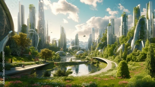 Amazing eco-futuristic urban landscape Skyscrapers  parks  