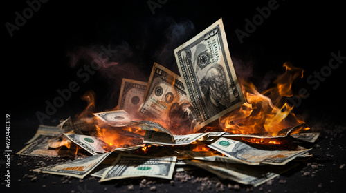 the symbolic destruction of wealth and economic turmoil with a close-up shot of burning money
