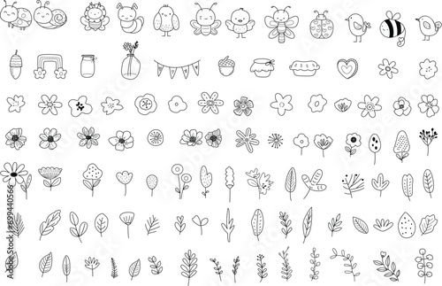 Flower leaf animal big set, doodle hand drawn outline style, for printing,card, wedding,love, t shirt,banner,product.vector illustration