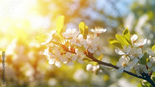 Backdrop of blossoming spring. Gorgeous natural setting with a sun flare and a blossoming tree. sunny afternoon. blossoms in spring. Gorgeous Orchard. abstract background with blur. In springtime