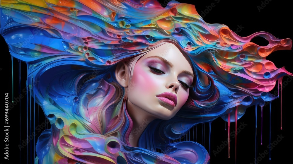 portrait of dreamlike serenity amidst vivid chaos - unique art piece featuring woman with color infusion for decor and graphic design