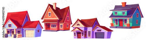 Suburban and village private house with windows and doors, roof with chimney and garage. Cartoon vector illustration set of big family home exterior. Front view on modern country cottage or villa.