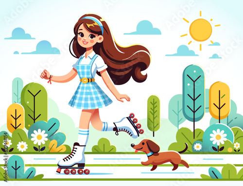 Girl roller skating with dog summer outdoor exercise nature cartoon illustration